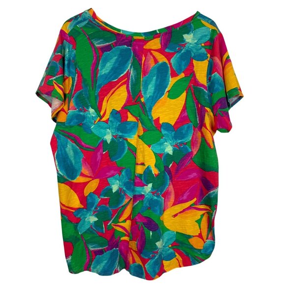 Tahari Womens Multicolor Tropical Print Top Size 2X V-Neck Short Sleeve Cotton - Picture 8 of 9